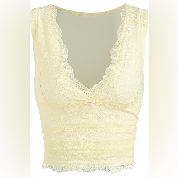 Pale Yellow Lace Trim Camisole Tank Top Y2K Lingerie Style S - Picture 11 of 13